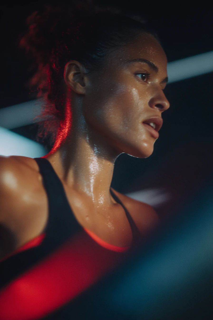 Casasports Nahaufnahme einer schwitzenden Frau, die einen schwarzen Sport-BH trägt, während eines intensiven Trainings. Sie wirkt konzentriert und entschlossen, das dramatische Licht hebt ihr Gesicht und ihren Hals hervor. Fitnessstudio Oer-Erckenschwick