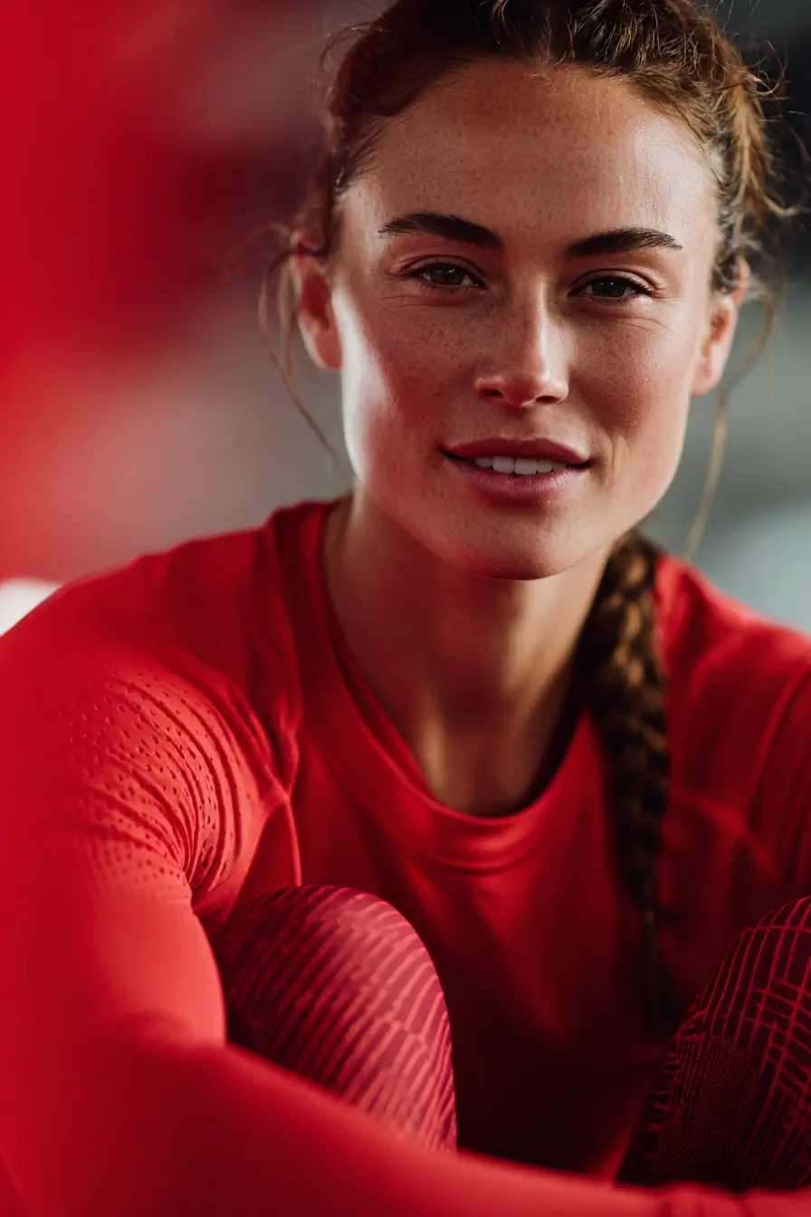 Casasports Eine Frau mit heller Haut und braunem, zum Zopf geflochtenem Haar trägt ein rotes, langärmeliges Sportoberteil und gemusterte Leggings und blickt selbstbewusst in die Kamera, in einer Innenaufnahme. Fitnessstudio Oer-Erckenschwick