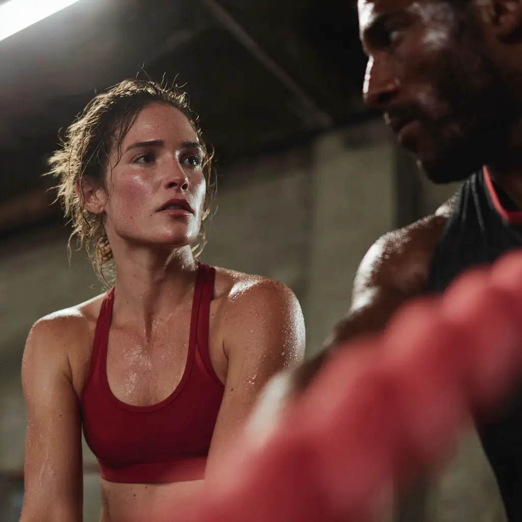 Casasports Eine Frau in einem roten Sport-BH, verschwitzt und müde, sitzt in einem Fitnessstudio mit einem Mann neben ihr, beide scheinen sich nach einem intensiven Workout oder Boxtraining auszuruhen. Die Atmosphäre ist düster und konzentriert. Fitnessstudio Oer-Erckenschwick