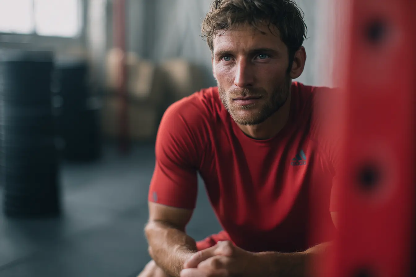 Casasports Ein Mann in einem roten Sporthemd ruht sich in einem Fitnessstudio aus und wirkt konzentriert und nachdenklich. Der Hintergrund ist unscharf und zeigt Fitnessgeräte und Gewichte. Fitnessstudio Oer-Erckenschwick