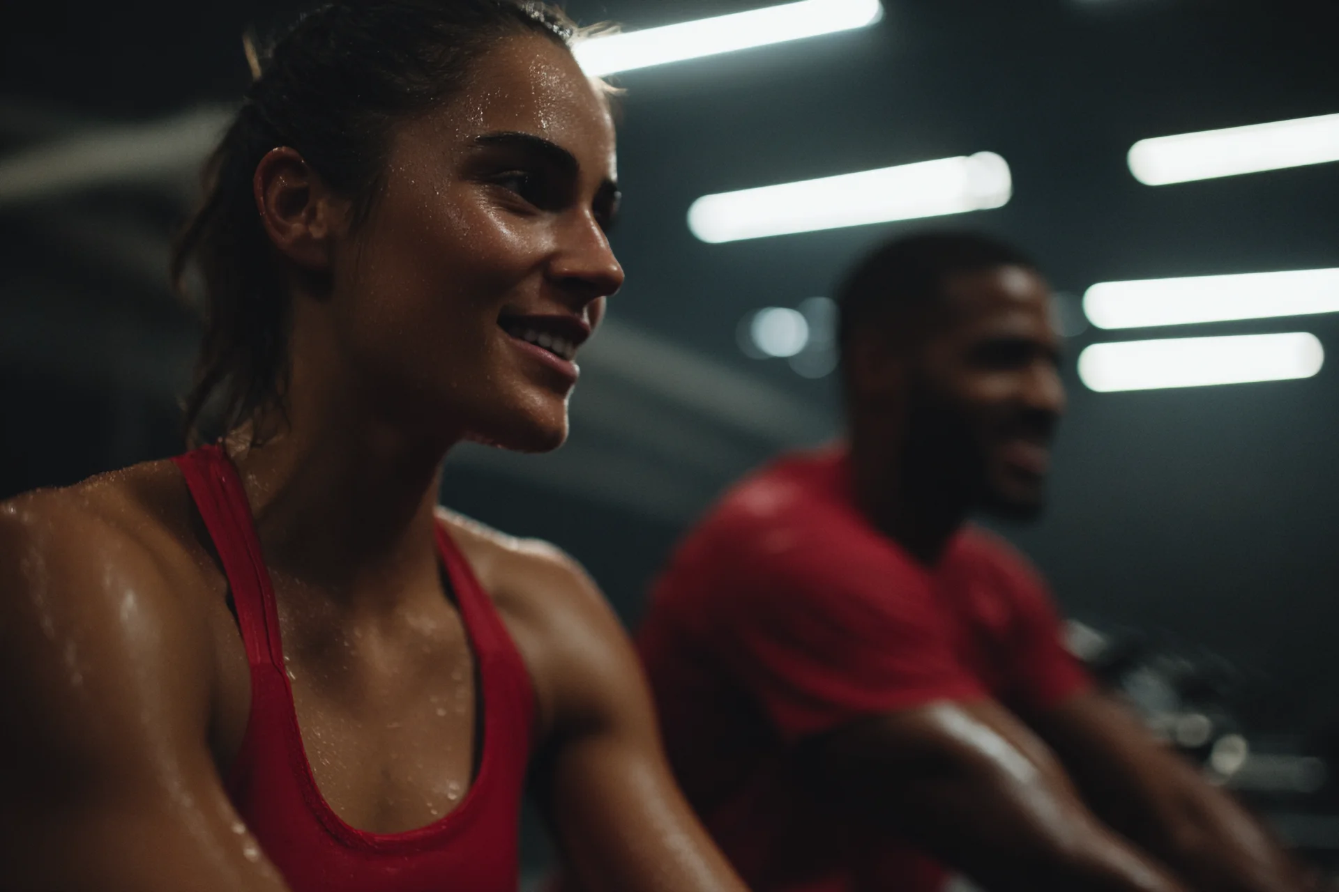 Casasports Eine Frau und ein Mann, beide in roter Sportkleidung und schwitzend, lächeln, während sie in einer Halle unter hellem Licht trainieren. Der Hintergrund ist unscharf, was ihre Konzentration und Energie hervorhebt. Fitnessstudio Oer-Erckenschwick