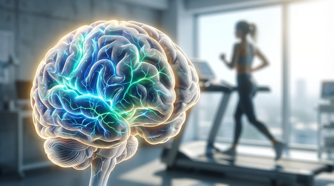 Nahaufnahme eines stilisierten Gehirns, das durch Sport aktiviert wird, mit leuchtenden neuronalen Pfaden. Zeigt die positive Wirkung von Fitness auf die mentale Gesundheit und Gehirnfunktion.