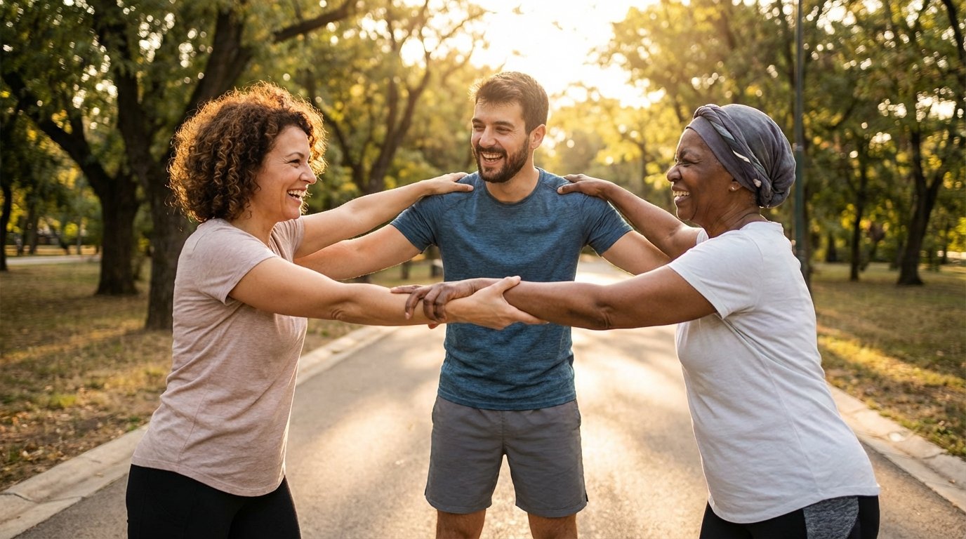 Eine vielfältige Gruppe lachender Menschen beim gemeinsamen Sport im Freien, symbolisiert soziale Unterstützung und Wohlbefinden bei Ängsten und Depressionen.