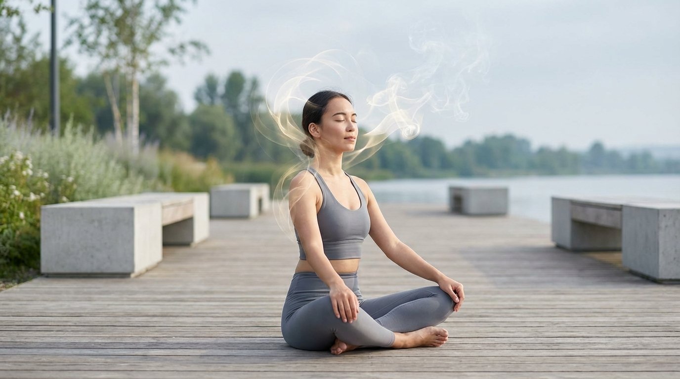 Eine ruhige Person beim Yoga oder Stretching, umgeben von auflösenden Stress-Symbolen, die mentale Klarheit und Achtsamkeit durch Bewegung darstellt.