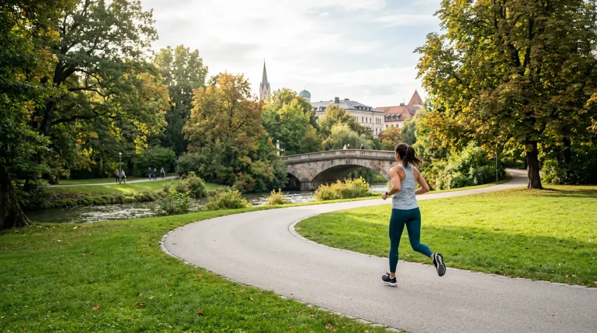 Frau beim Joggen in einem europäischen Park zur Fettverbrennung und Steigerung des Kalorienverbrauchs.