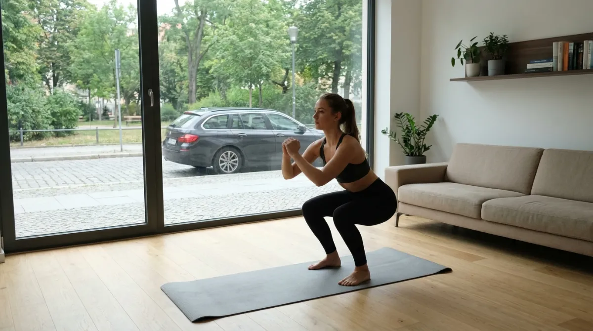 Frau demonstriert eine Kniebeuge mit perfekter Form in einem modernen europäischen Wohnzimmer. Effektive Ganzkörper Übung.