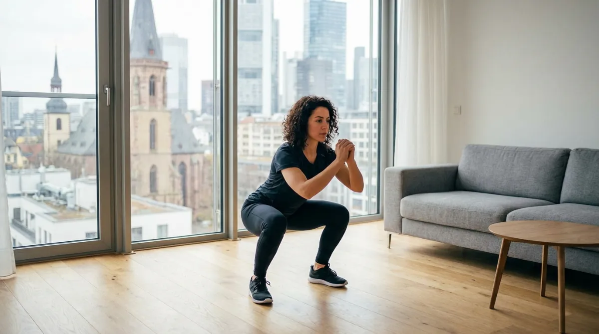 Junge Frau macht Kniebeugen im modernen europäischen Wohnzimmer. Effizientes Ganzkörpertraining zu Hause spart Zeit und Kosten.