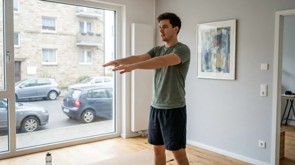Mann macht dynamisches Warm-up im hellen Wohnzimmer. Grundlagen des gerätefreien Ganzkörpertrainings, Vorbereitung auf Übungen.