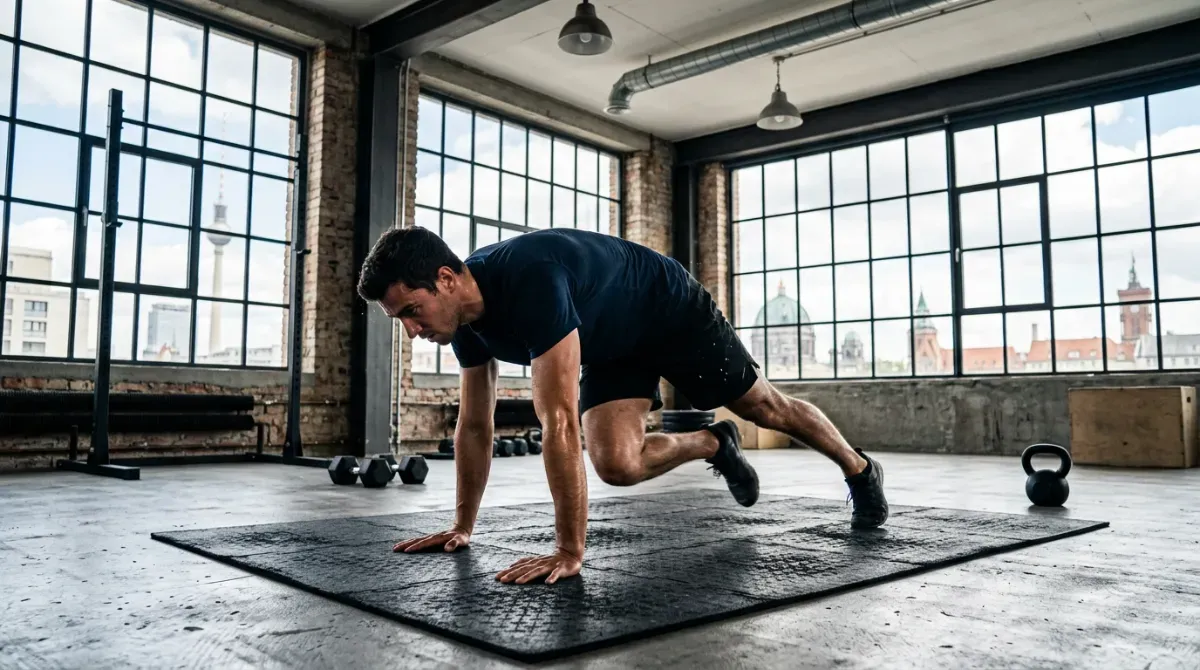 Athlet führt eine intensive HIIT-Übung in einem modernen Loft-Gym aus für zeitsparendes Abnehmen.
