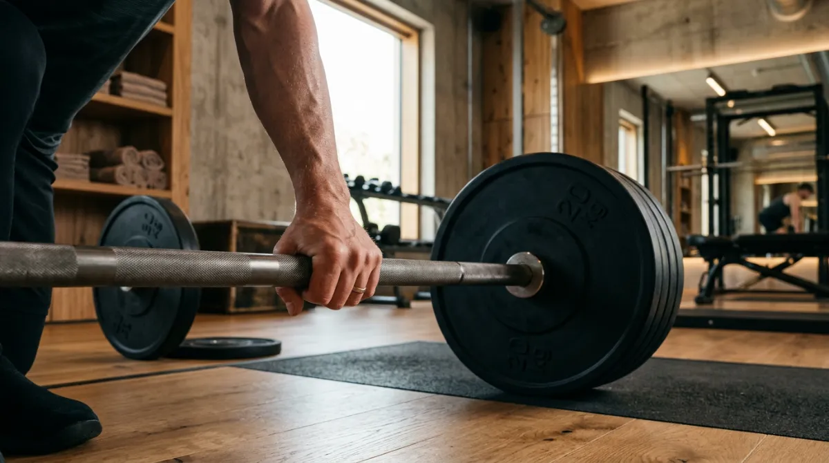 Nahaufnahme von Hanteltraining in einem modernen Fitnessstudio zur Nutzung des Nachbrenneffekts.