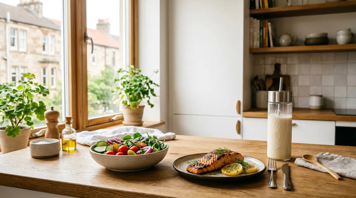 Proteinreiche Mahlzeit mit Lachs und Gemüse in einer modernen Küche zur Unterstützung des Muskelaufbaus.