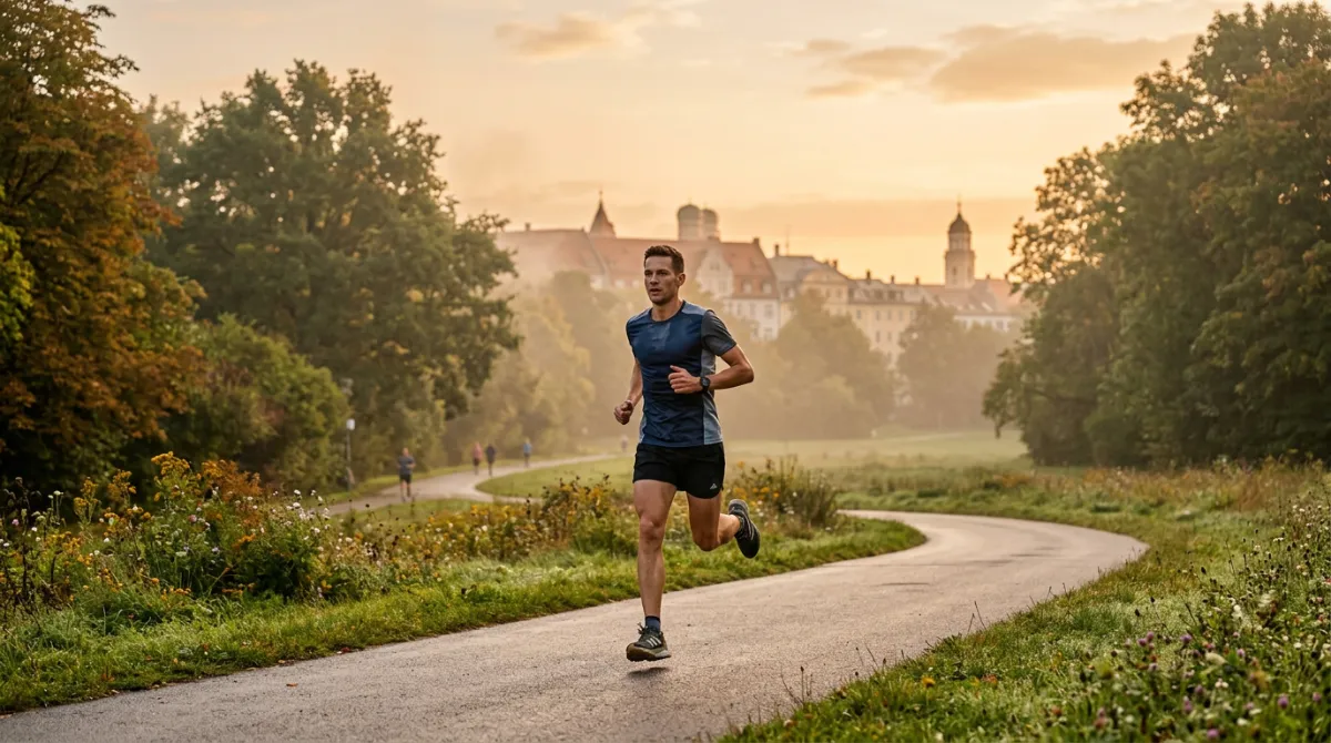 Sportler beim Nüchtern-Training am frühen Morgen in einem europäischen Stadtpark zur Fettverbrennung.
